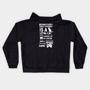 BEHIND EVERY GREAT INTROVERT IS A LOYAL CAT, A WARM CUP OF COFFEE, AND A HIGH-SCORE GAME. Kids Hoodie